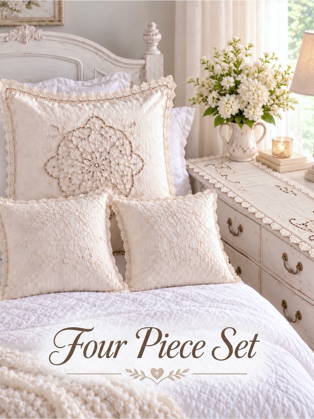 4 Pc Cottagecore Battenburg Lace 3 Pillow & Runner Set Cream Cotton Floral